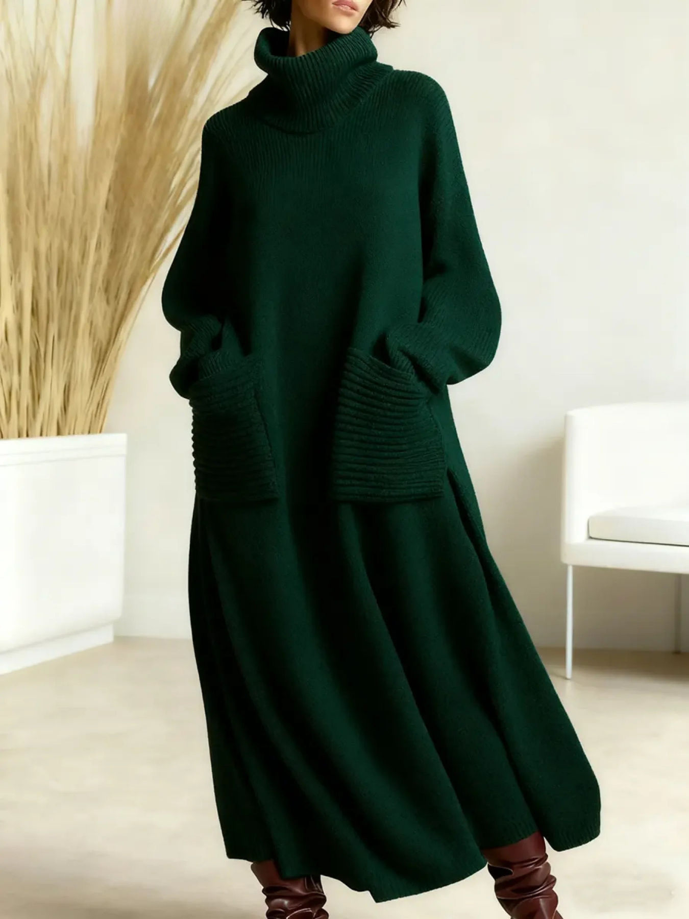 Loose Fit High Neck Knit Maxi Dress