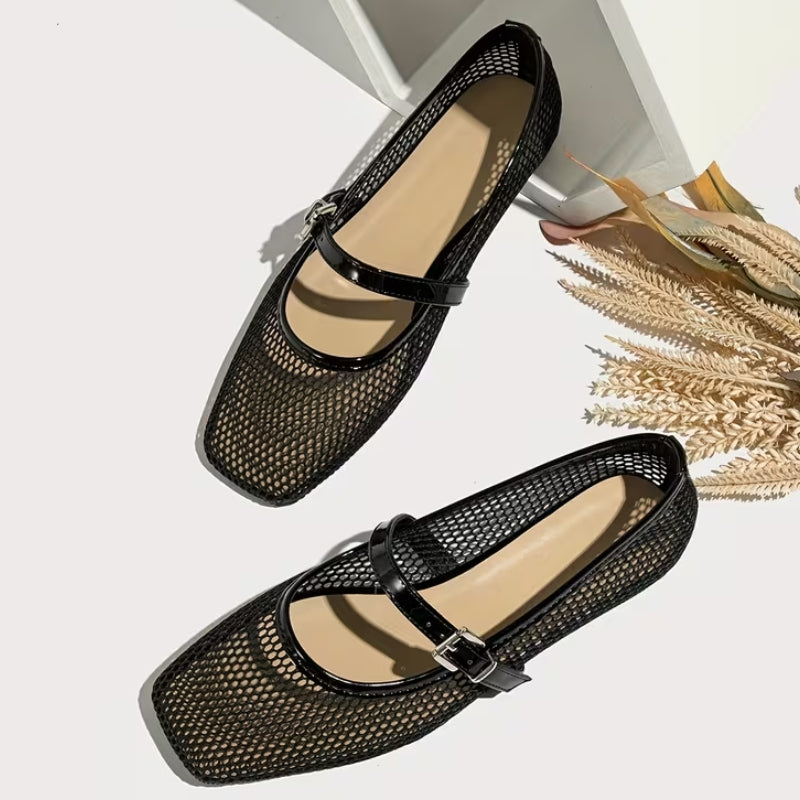Patent Strap Mesh Mary Jane Flats