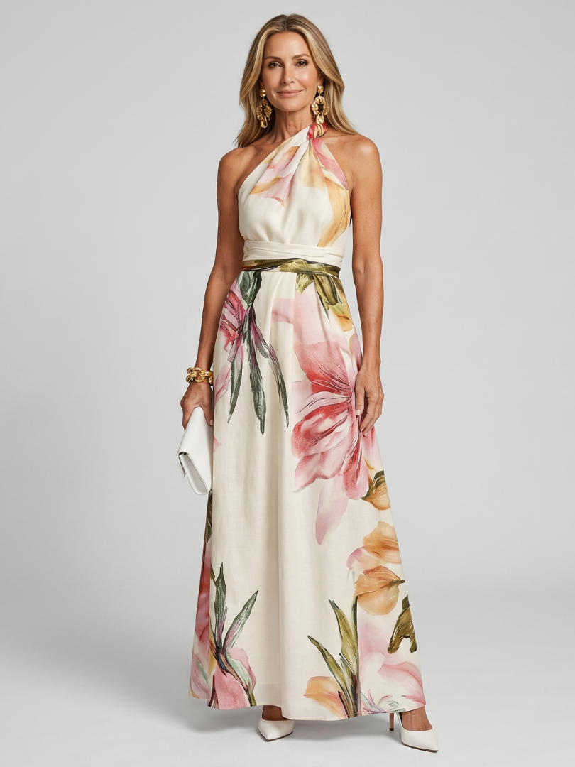 Halter Neck Flowing Maxi Dress with Gathered Bodice
