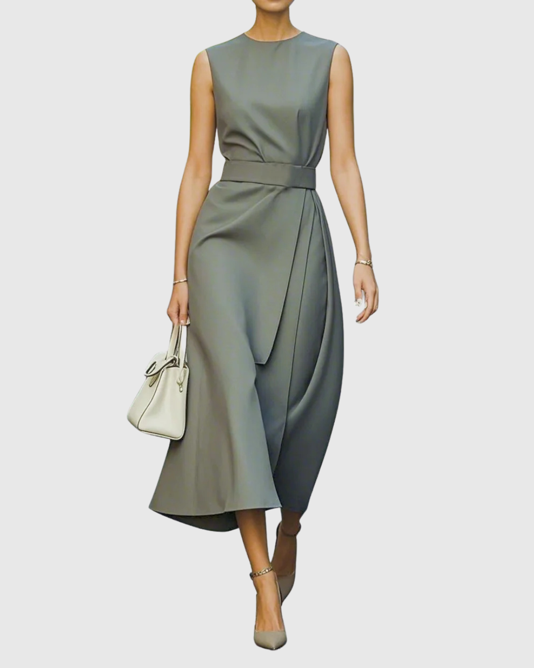 Sleeveless Pleated Waist Midi Dress With Side Slit