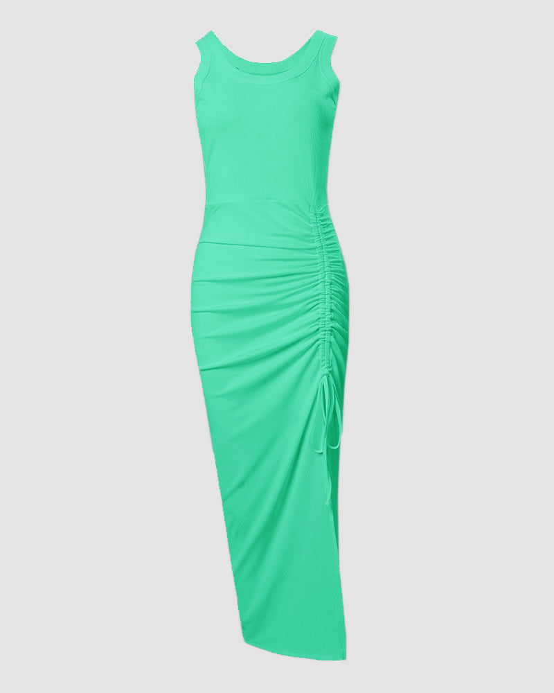 Sleeveless Ribbed Ruched Bodycon Maxi Tank Dress