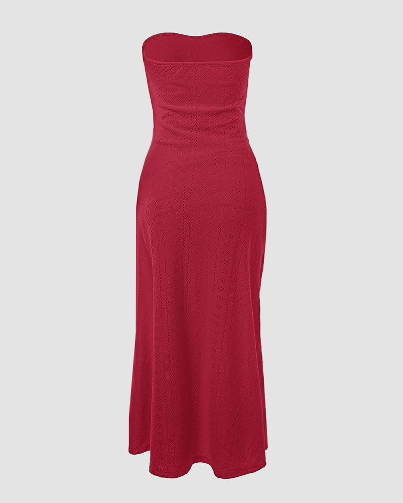 Ruched Bandeau Maxi Dress With Eyelet Embroidery