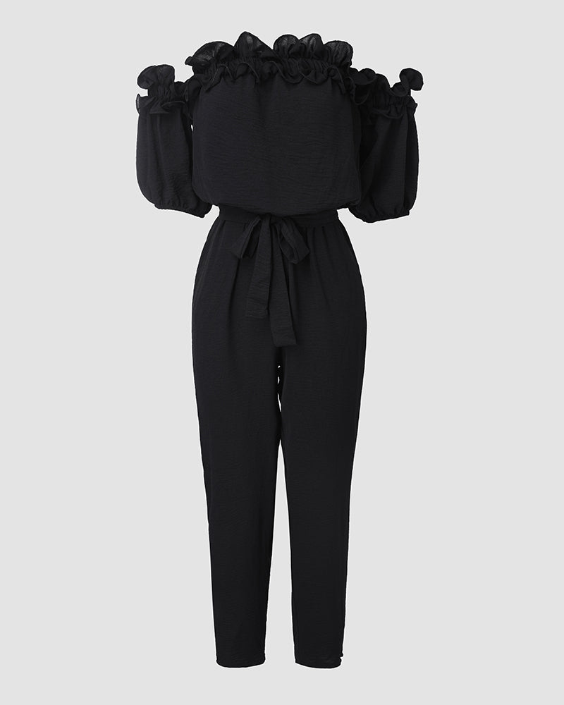 Off-Shoulder Frill Trim Tie Waist Textured Jumpsuit