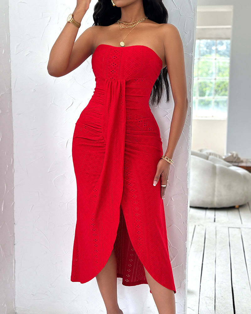 Ruched Bandeau Maxi Dress With Eyelet Embroidery
