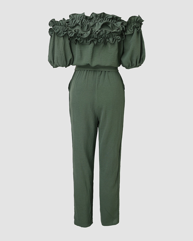 Off-Shoulder Frill Trim Tie Waist Textured Jumpsuit