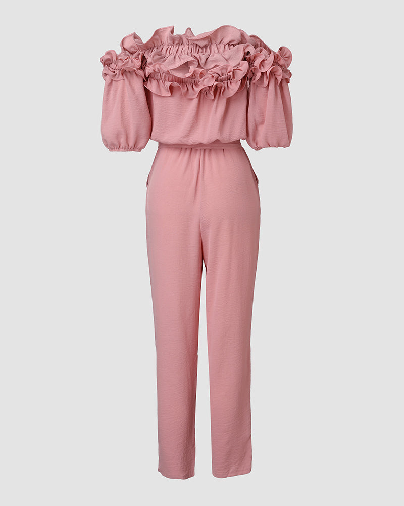 Off-Shoulder Frill Trim Tie Waist Textured Jumpsuit