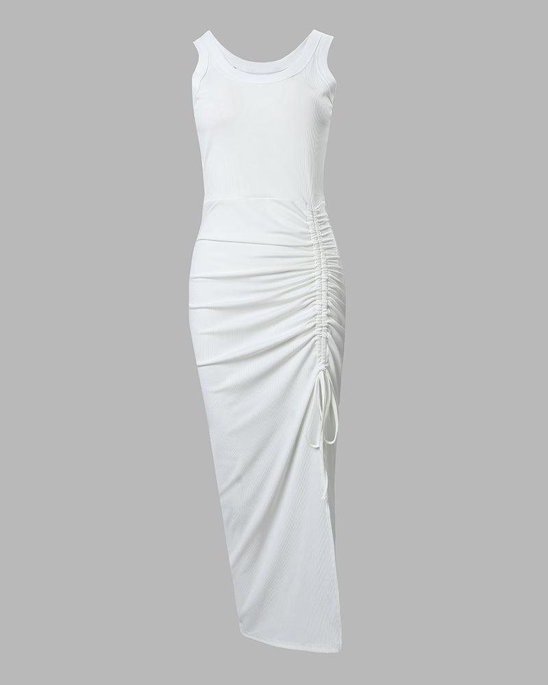 Sleeveless Ribbed Ruched Bodycon Maxi Tank Dress