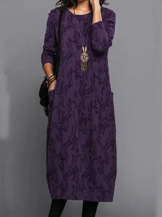 Leaf Print Winter Dress With Pockets