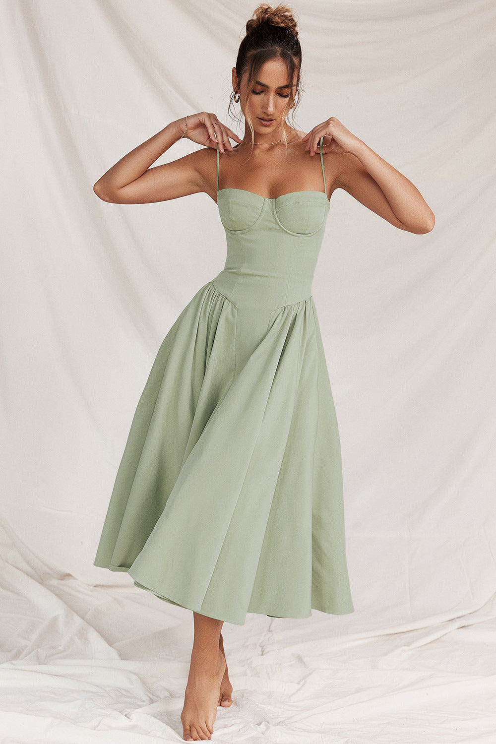 Corset Midi Dress with Fitted Bodice and Adjustable Straps