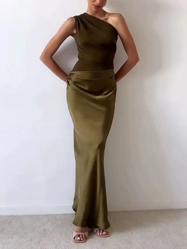 Pleated One Shoulder Floor Length Maxi Dress