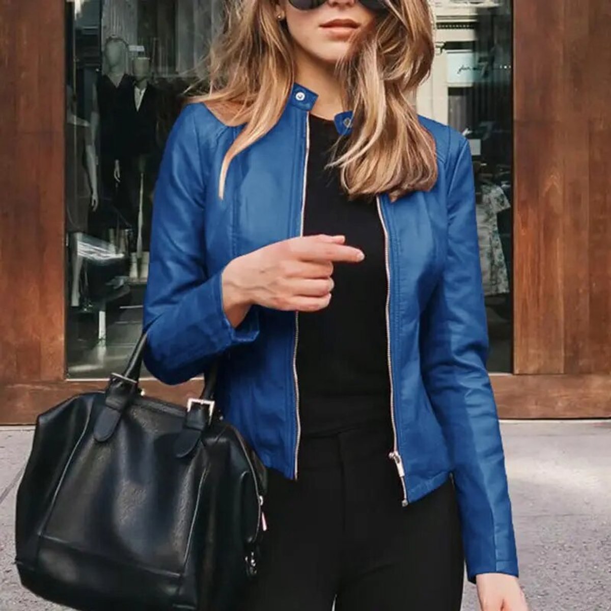 Cropped Stand Collar Faux Leather Zip Jacket