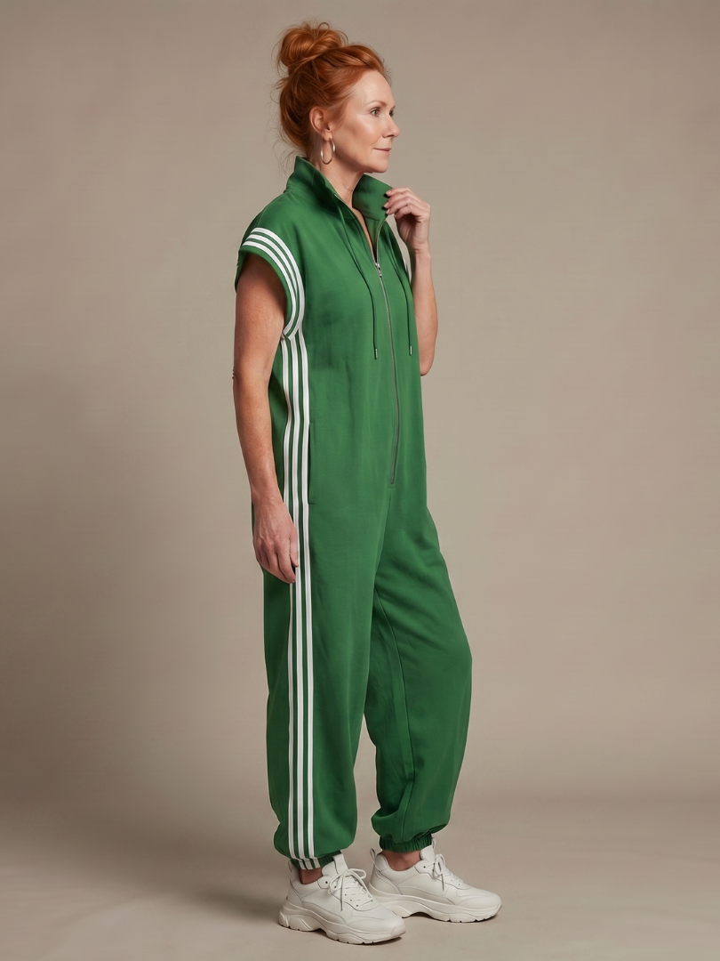 Full Length Zip Front Jumpsuit with Side Stripe Panels
