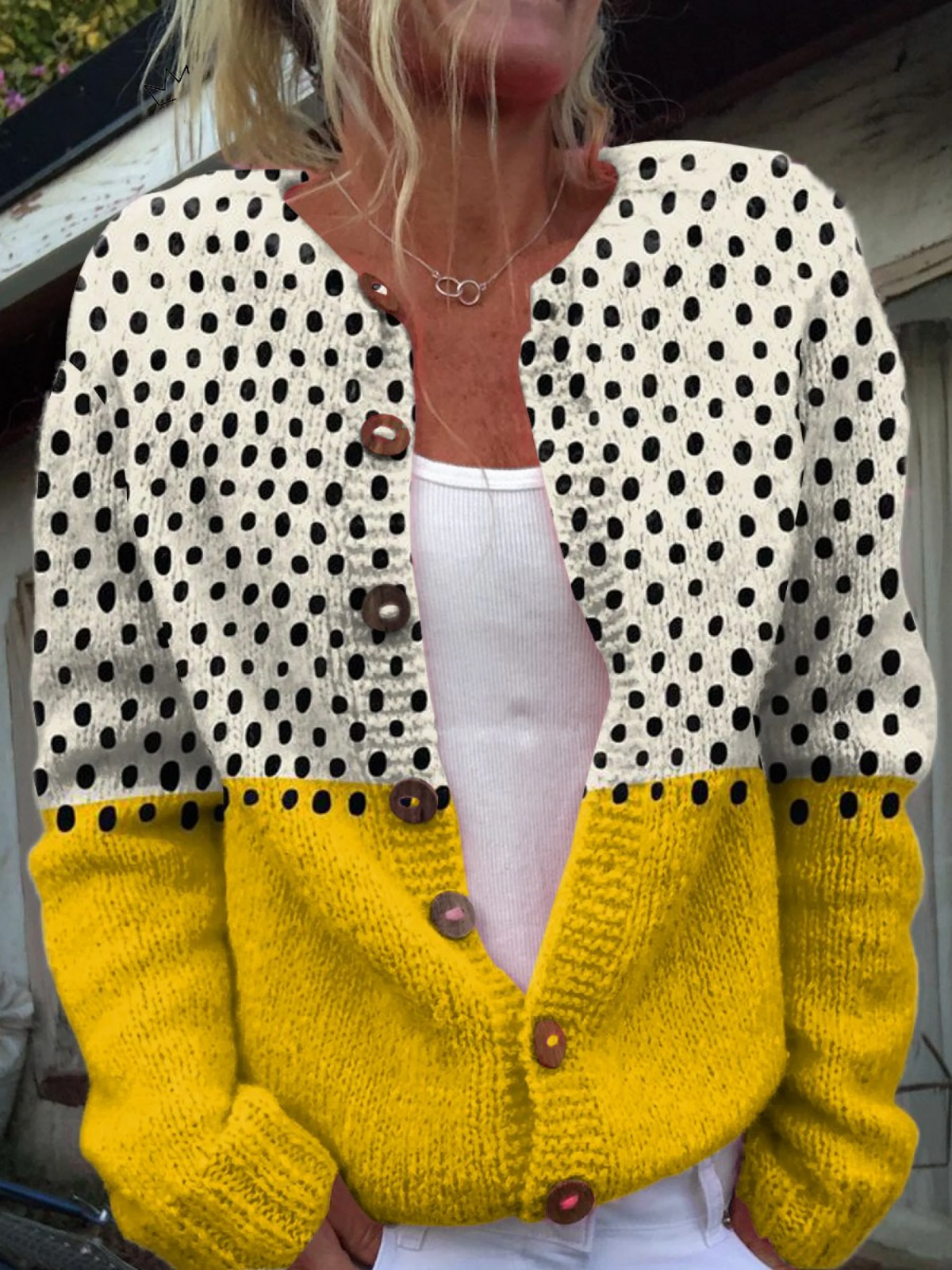 Geometric Polka Dot Print Button Cardigan