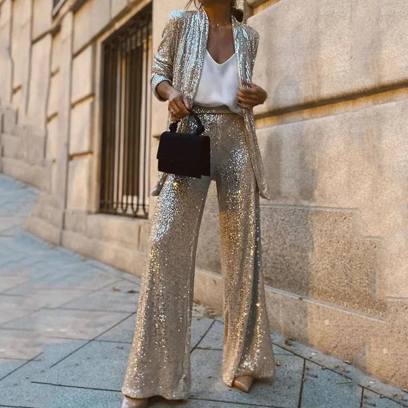 Amelia Hughes Sequin Cardigan Wide-Leg Set