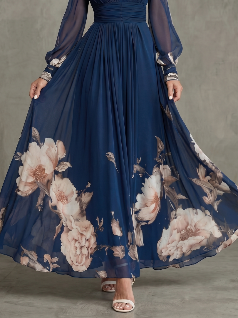 V-Neck Pleated Maxi Dress with Sheer Long Sleeves