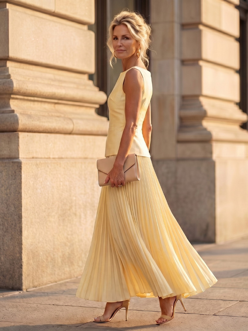 Structured Bodice Pleated Maxi Skirt Two Piece Set