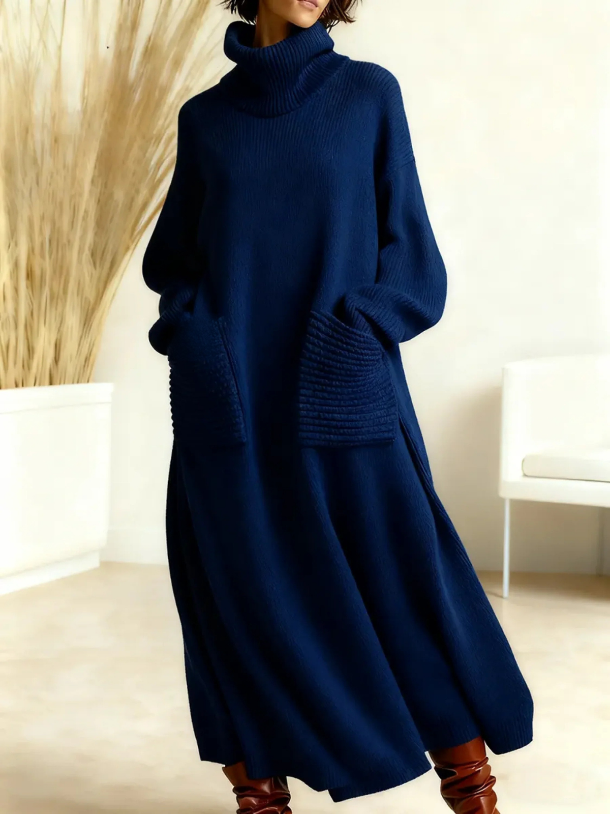 Loose Fit High Neck Knit Maxi Dress