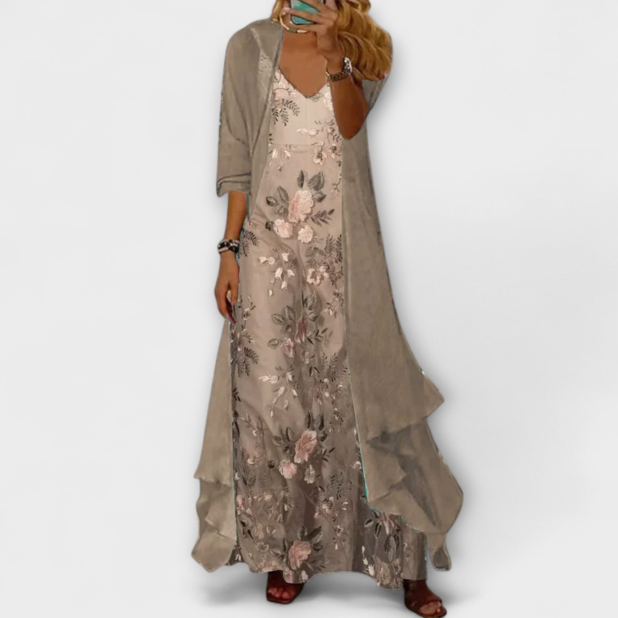 Printed Maxi Dress And Jacket Two Piece Set