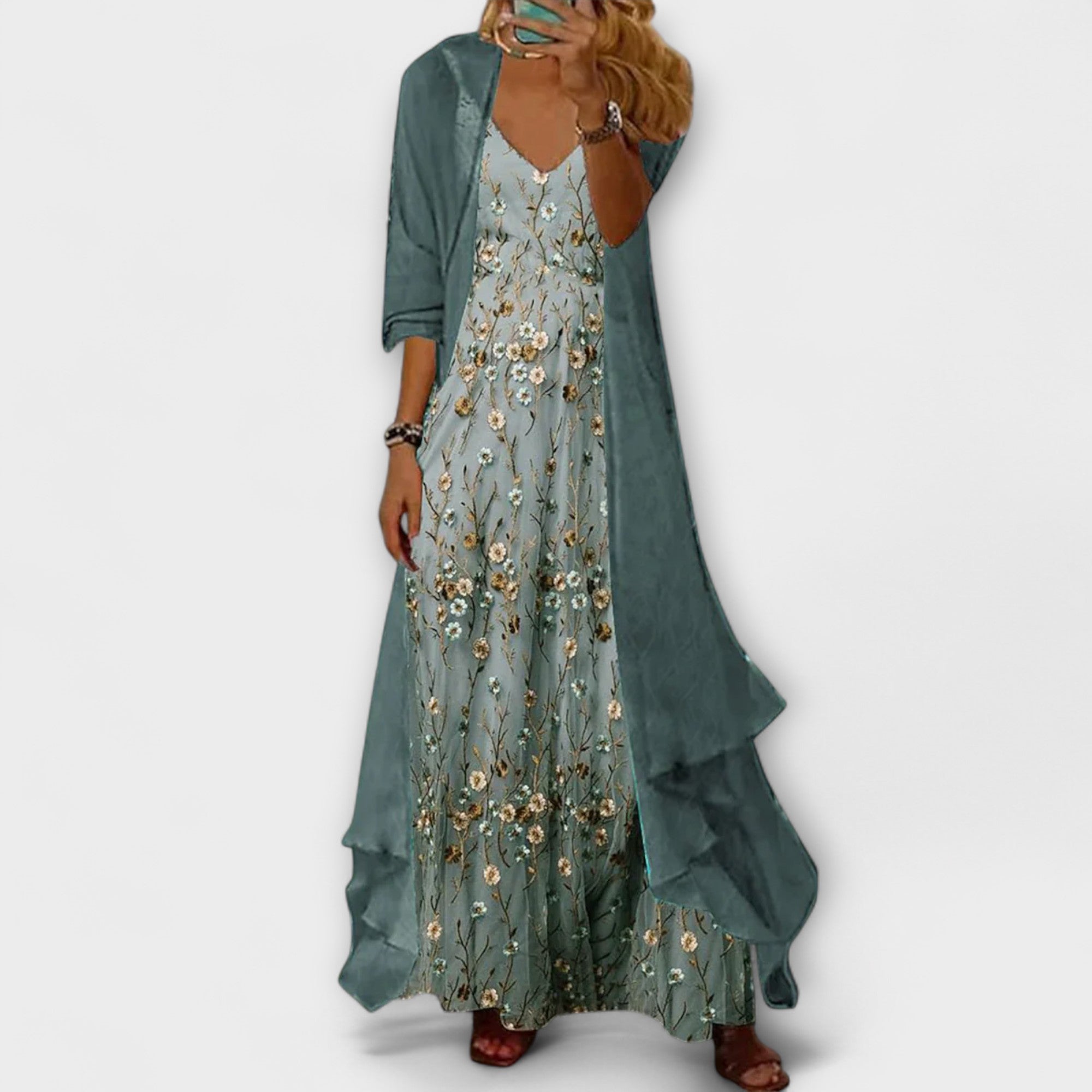 Printed Maxi Dress And Jacket Two Piece Set