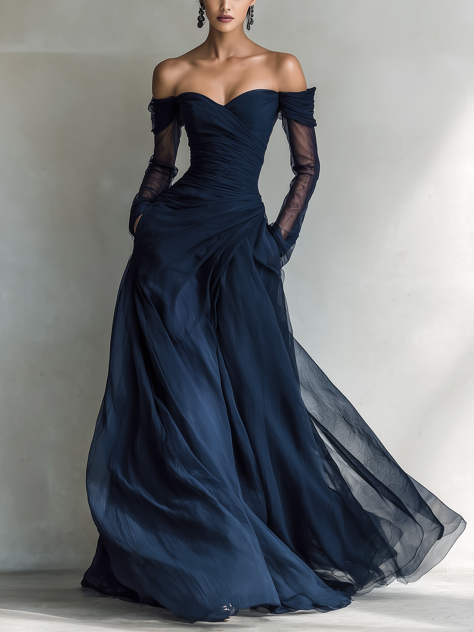 Off-Shoulder Fitted Chiffon Organza Maxi Dress