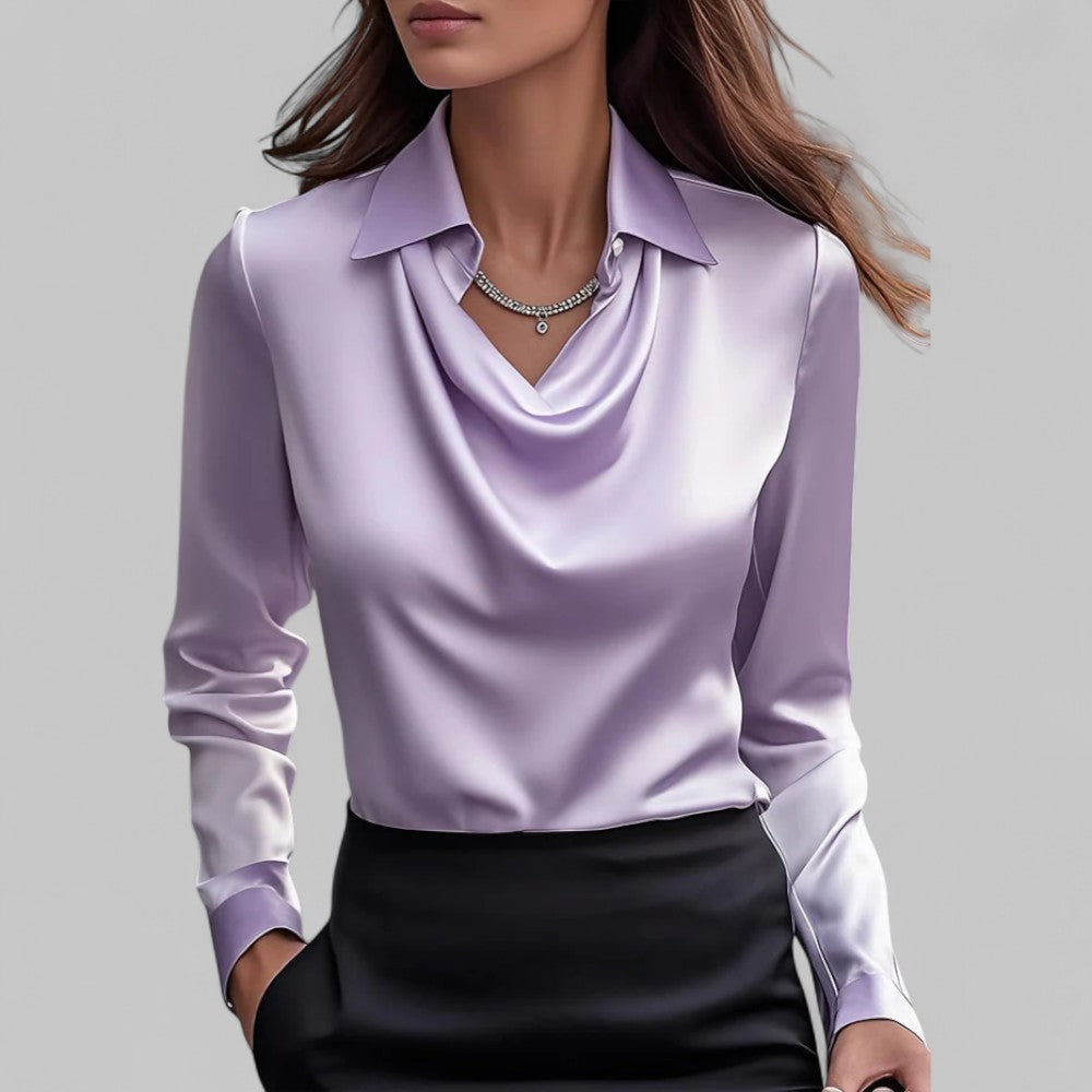 Satin Blouse for Women - Waterfall Neckline Long Sleeve Elegant Top