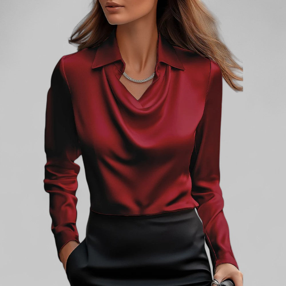 Satin Blouse for Women - Waterfall Neckline Long Sleeve Elegant Top