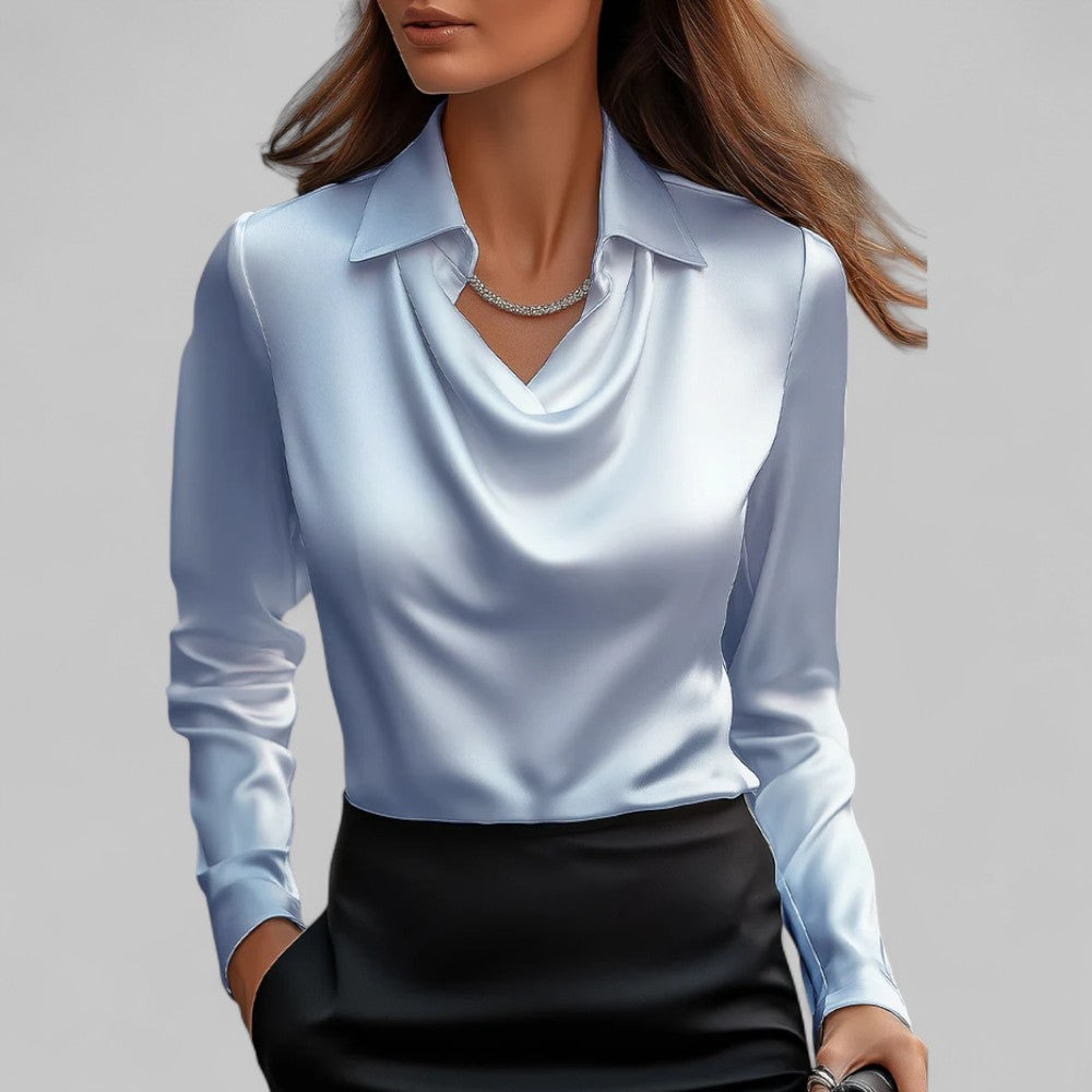 Satin Blouse for Women - Waterfall Neckline Long Sleeve Elegant Top