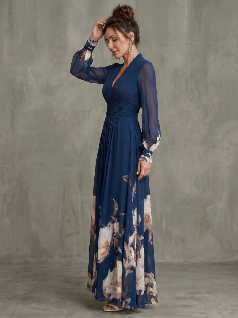 V-Neck Pleated Maxi Dress with Sheer Long Sleeves