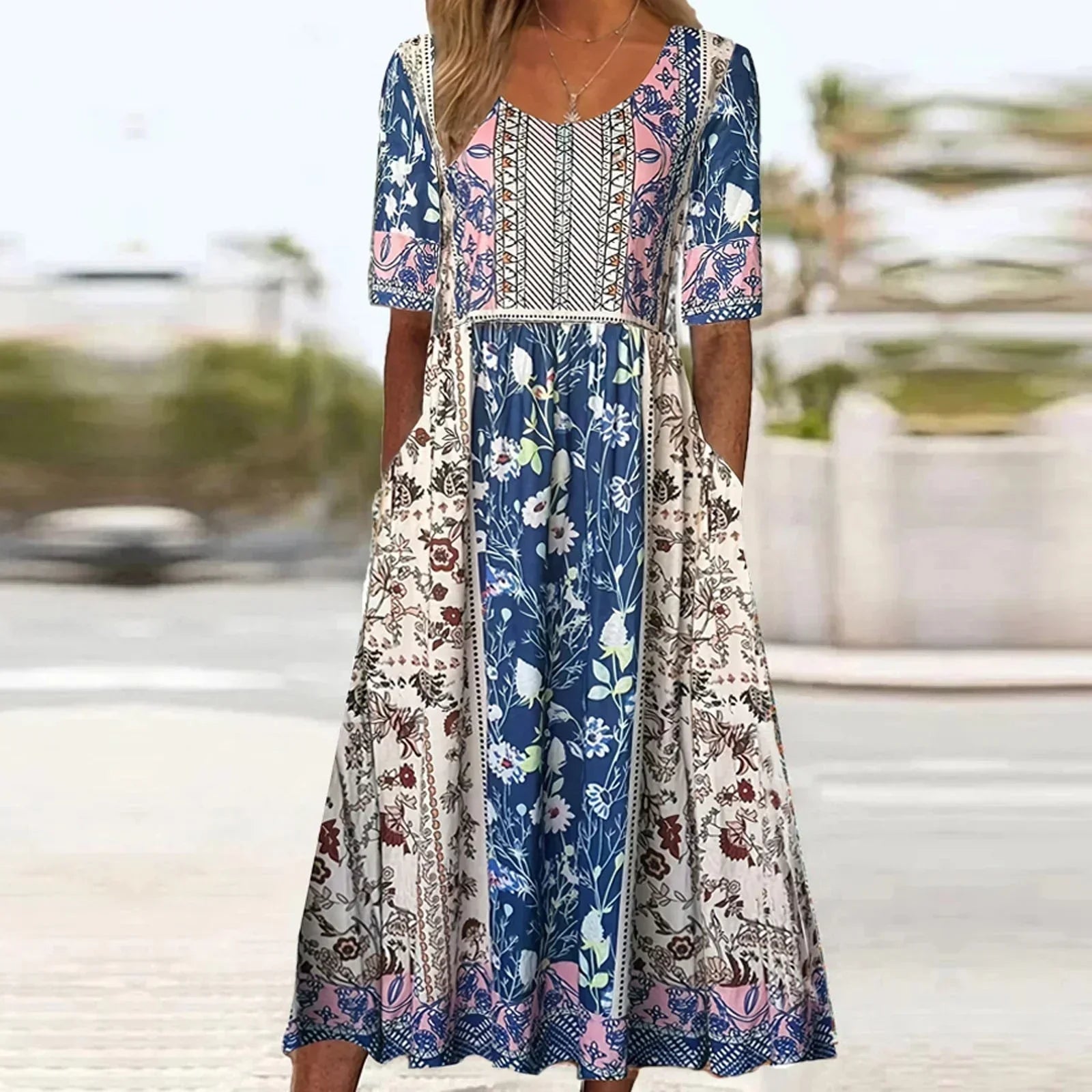 Boho Print Midi Dress With Side Pockets