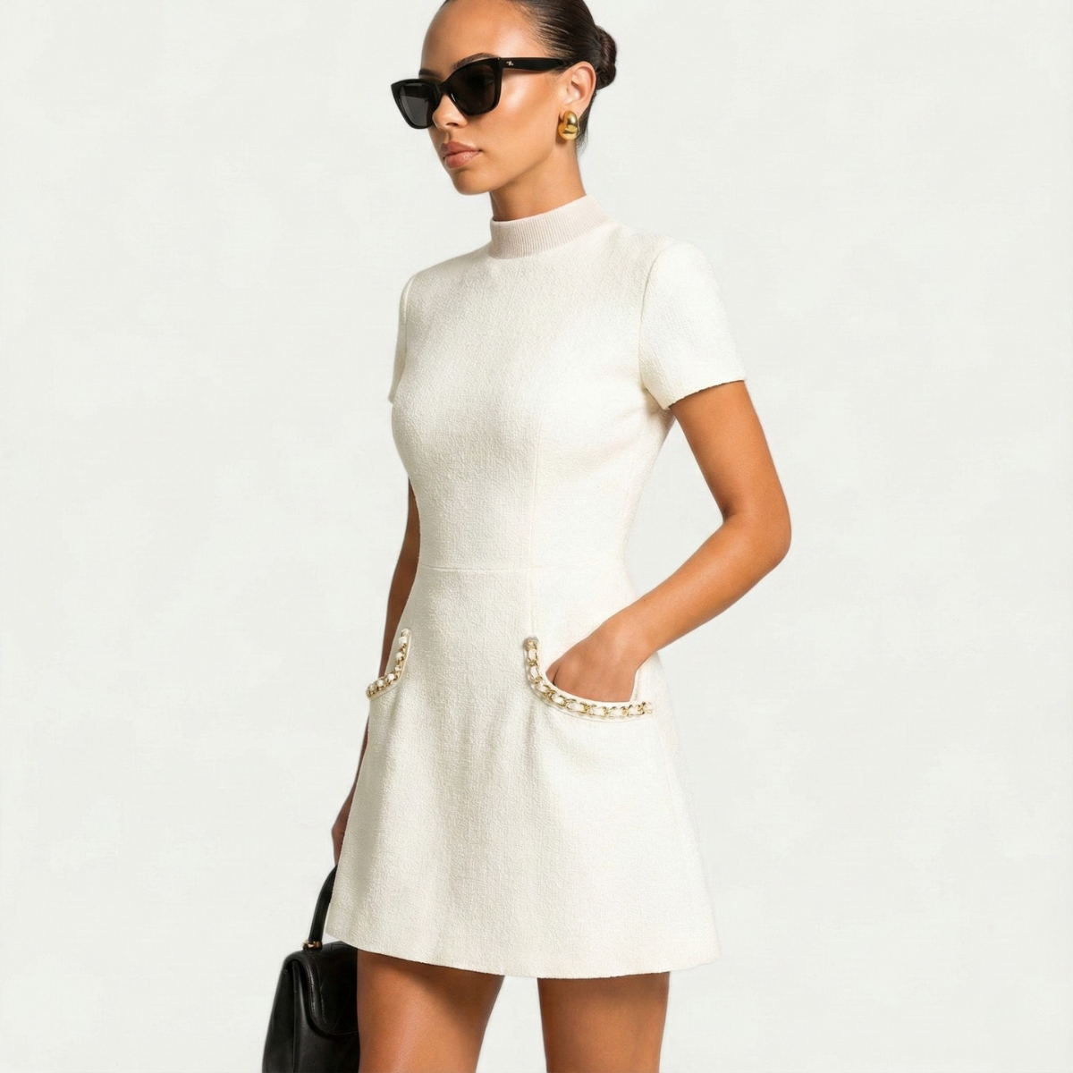 Short Sleeve Pearl Trim Mini Dress With Pockets