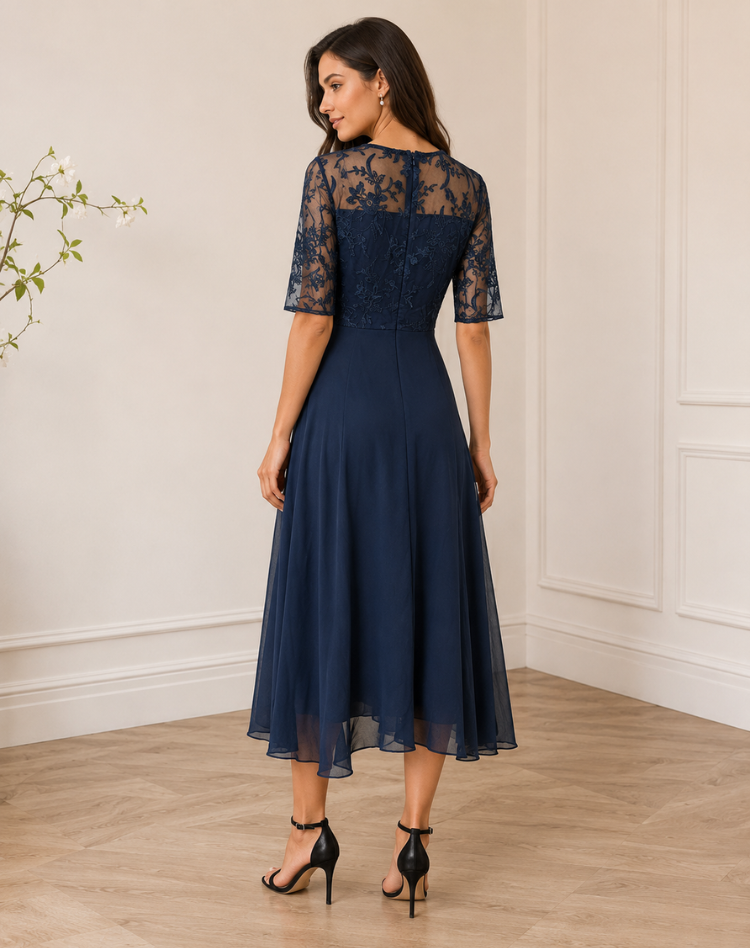 Lace Midi Cocktail Dress With Tulle Hem