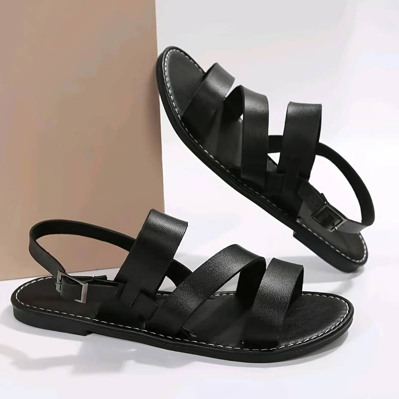 Women's Three-Strap Vegan Leather Flat Sandals
