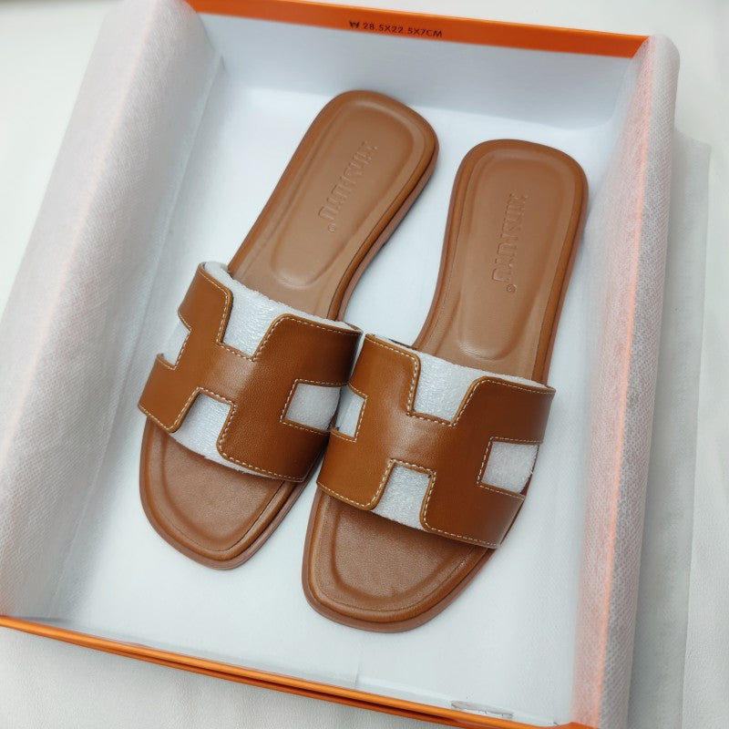 Leather H-Strap Low Heel Slip-On Sandal
