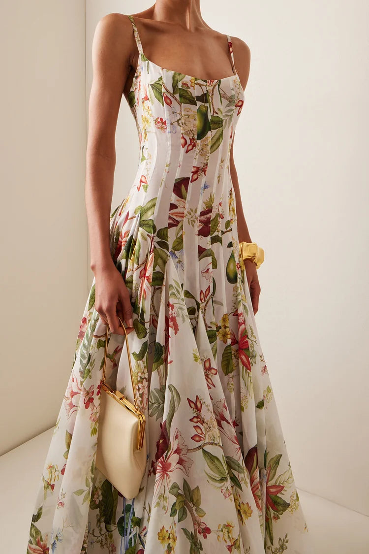 Ruched Sweetheart Neck Backless Floral Maxi Dress