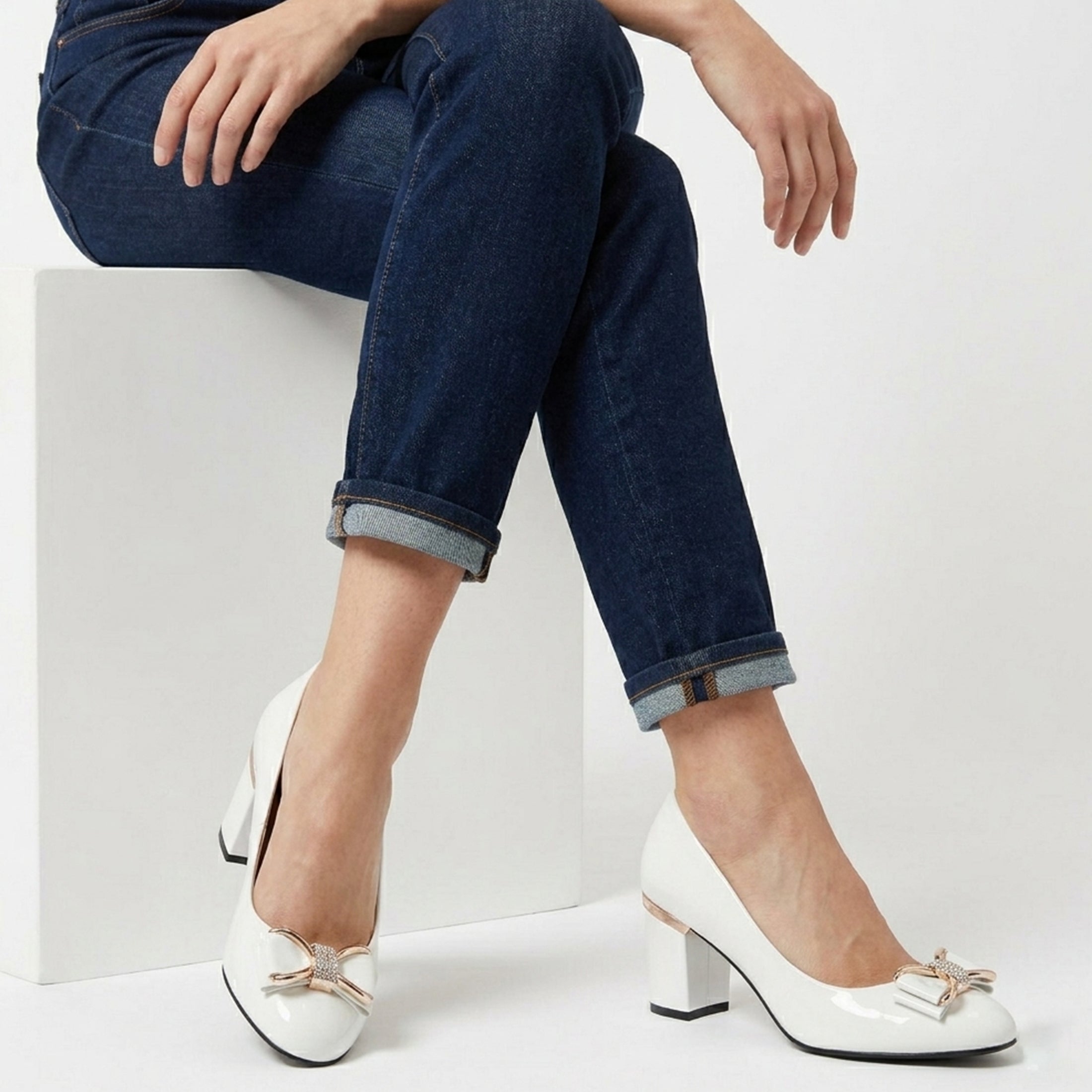 Bow Detail Block Heel Court Pumps