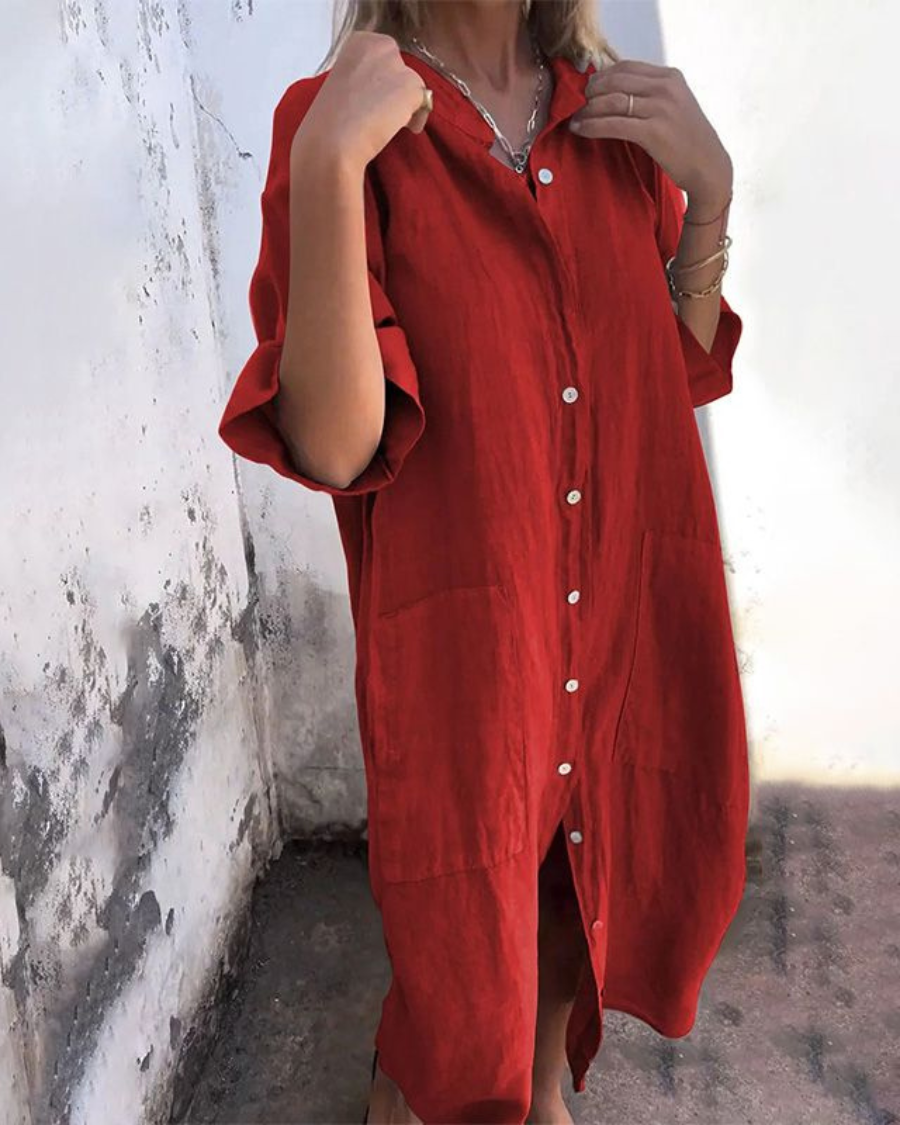 Boho Button-Front Long Sleeve Shirt Dress