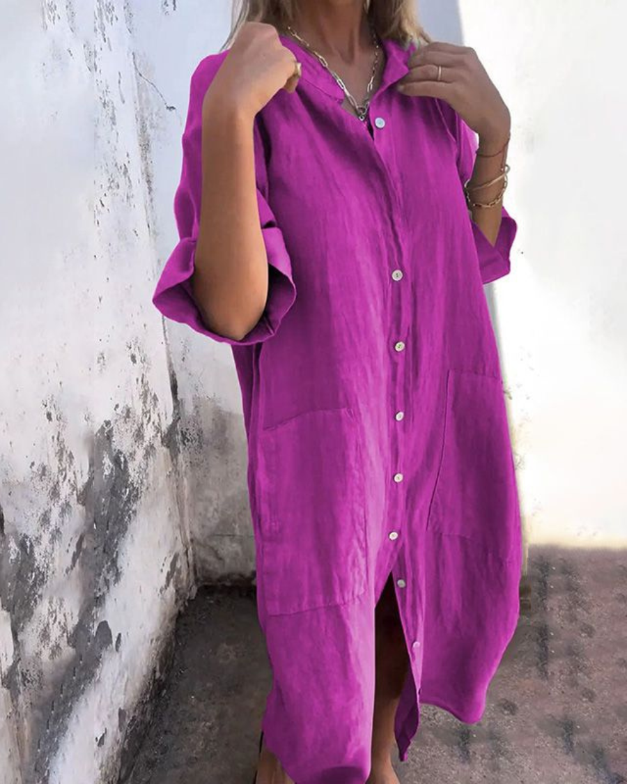 Boho Button-Front Long Sleeve Shirt Dress
