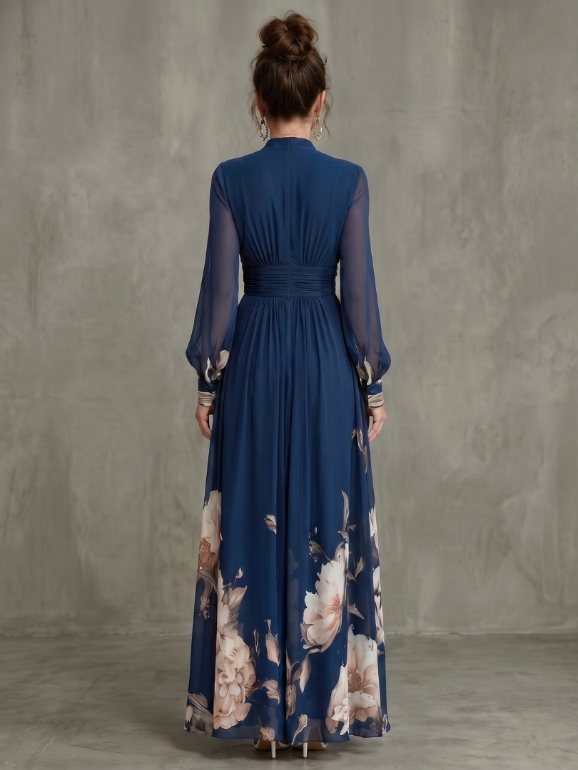 V-Neck Pleated Maxi Dress with Sheer Long Sleeves