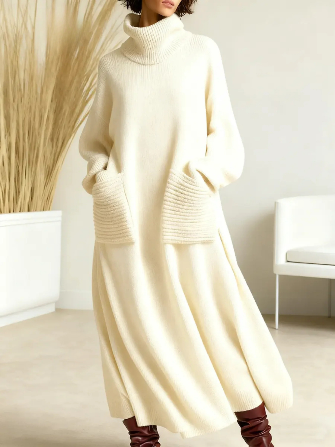 Loose Fit High Neck Knit Maxi Dress