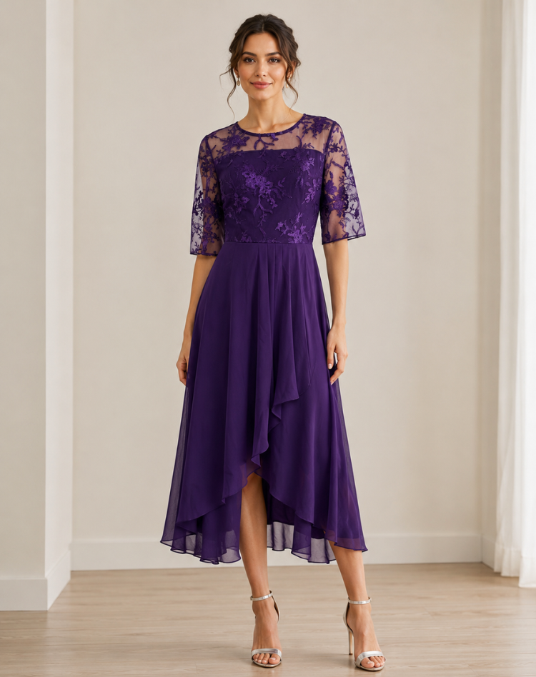 Lace Midi Cocktail Dress With Tulle Hem