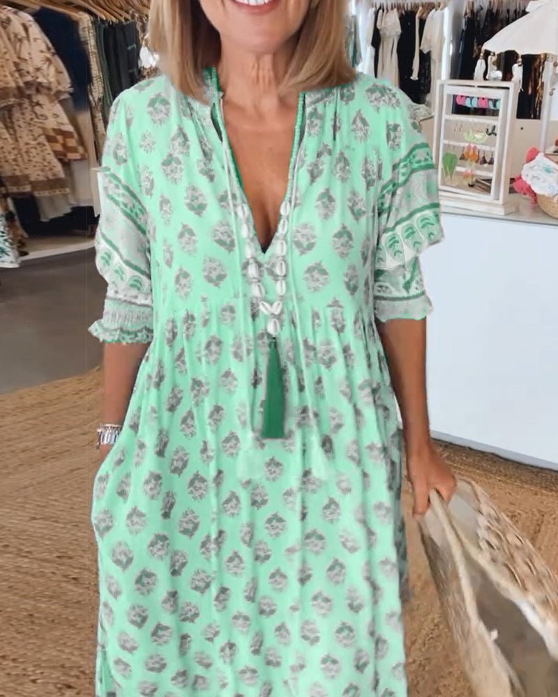 Floral V-Neck Midi Dress with Wrap Skirt