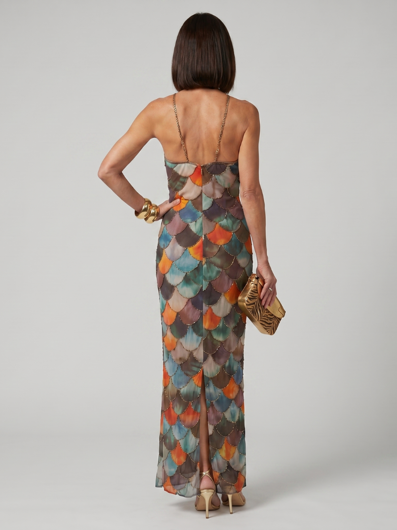 Fitted Halter Maxi Dress with Scale Geometric Print