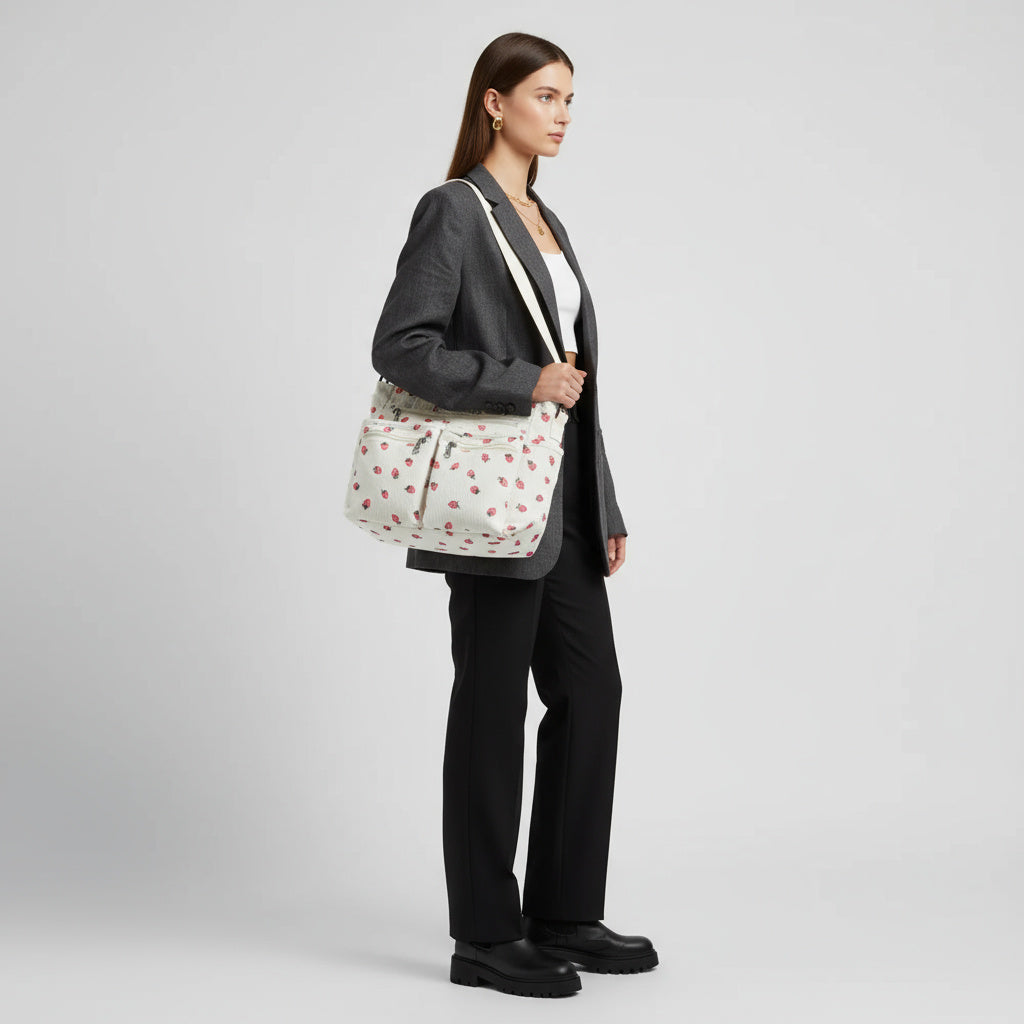 Strawberry Print Corduroy Shoulder Bag
