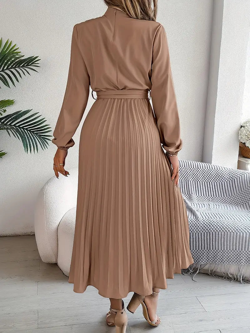 Belted Pleated Midi Dress with Long Sleeves