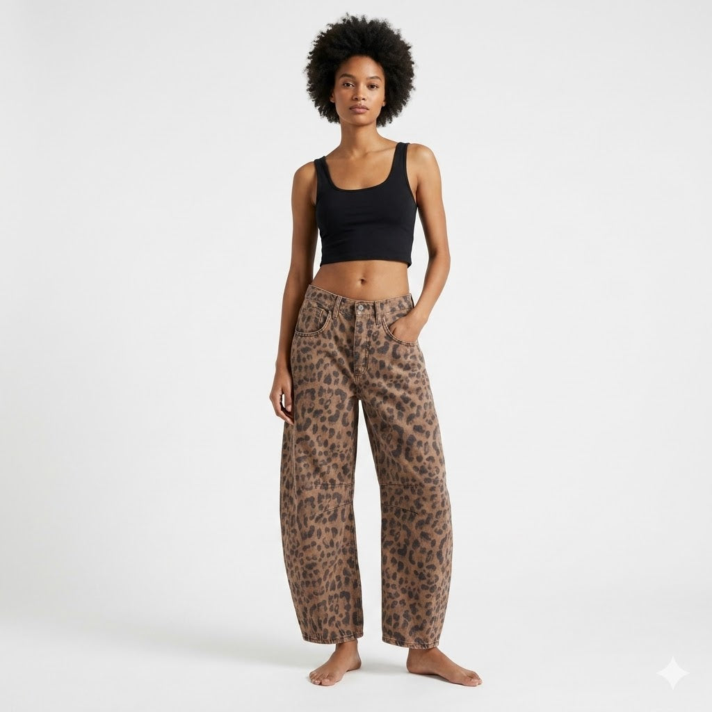 Leilani Monroe Leopard Print Barrel Jeans