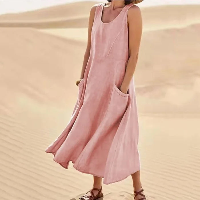 Relaxed Linen Midi Dress With Side Pockets