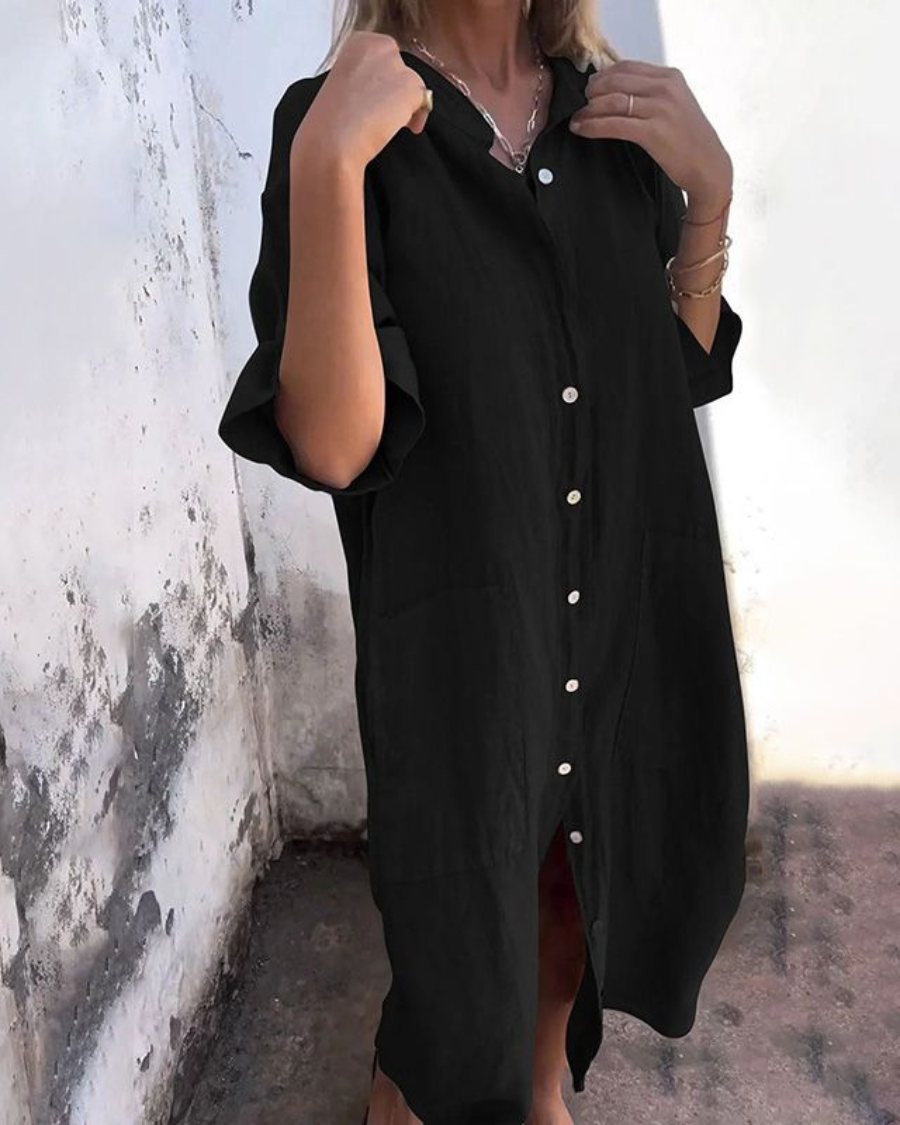 Boho Button-Front Long Sleeve Shirt Dress