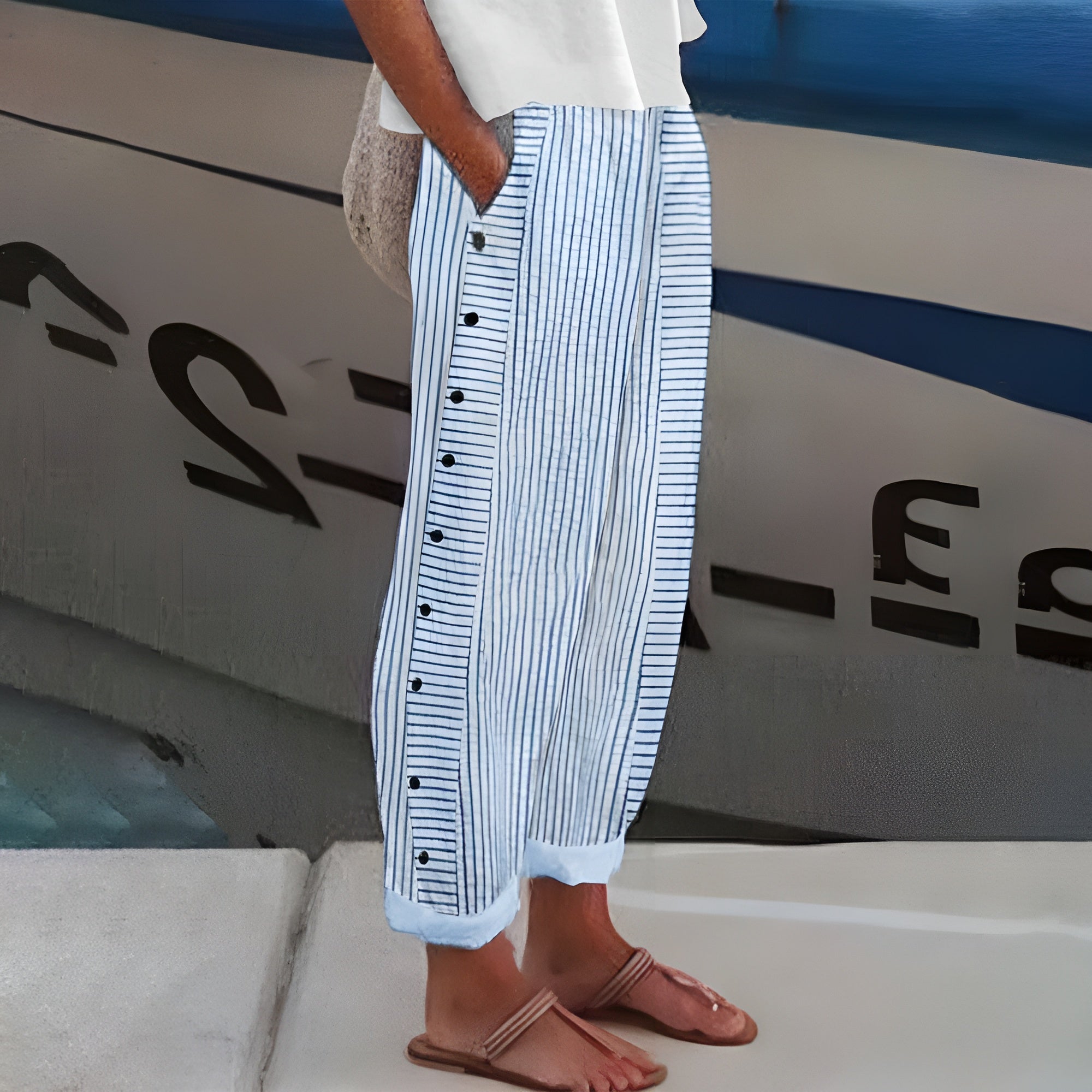 Stripe Panel Cropped Trousers With Button Side Detail