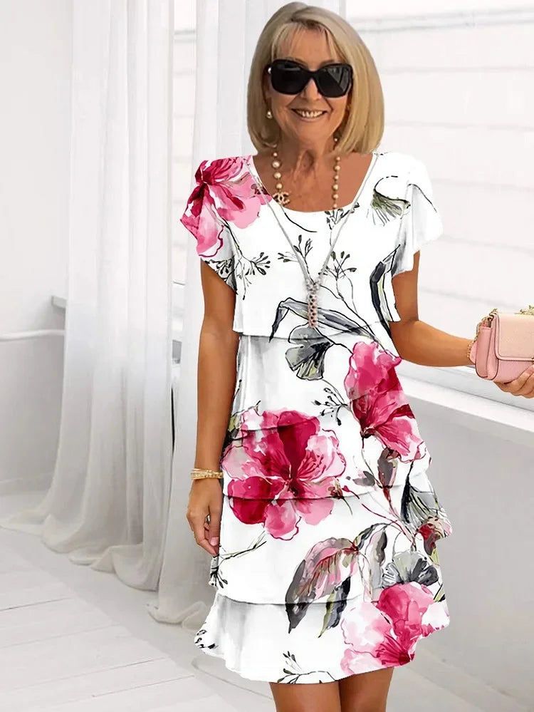 Ruffled Floral Pleated Midi Dress