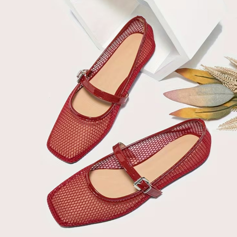 Patent Strap Mesh Mary Jane Flats
